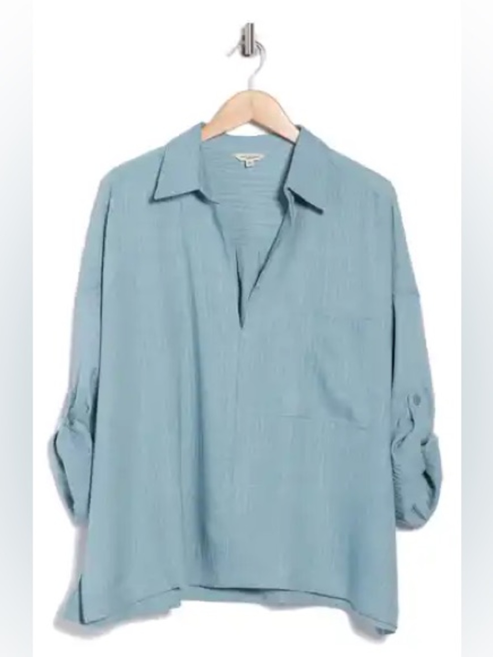 Max Studio London Women’s 2X Light Blue Textured Roll Tab Sleeve Shirt NWT